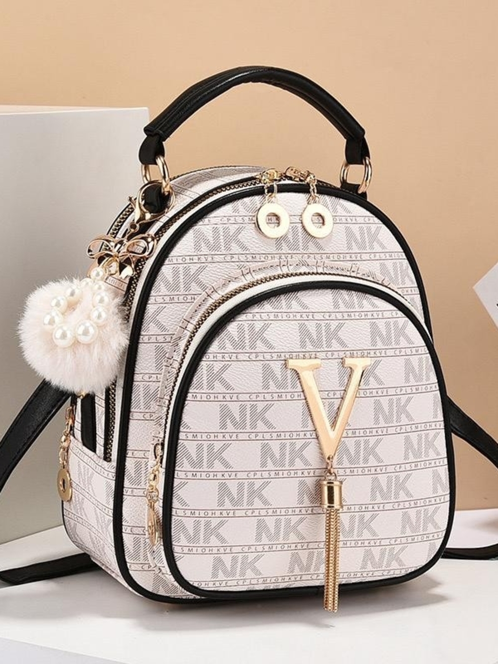 Women’s Cream Patterned Mini Backpack Handbag